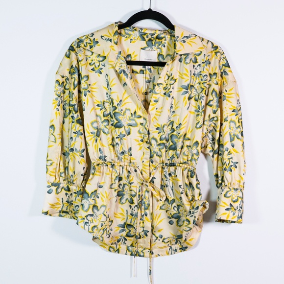 NEW Cinq A Sept Raelynn Satin Floral Flower Print Pattern Ruched Blouse Pomelo - Picture 1 of 4
